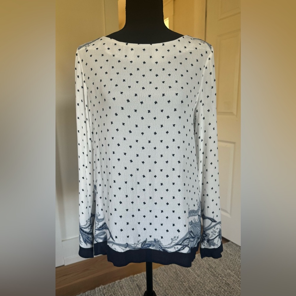 Philosophy white blue floral abstract pattern long‎ sleeve blouse women’s S